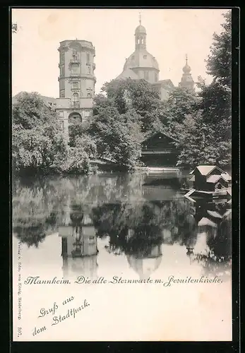 AK Mannheim, Die alte Sternwarte mit Jesuitenkirche im Stadtpark