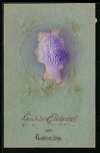 Präge-Airbrush-AK Frau mit Krone im Jugendstil, Glückwunsch zum Namenstag