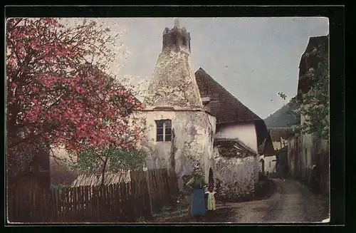 AK Rossatz-Bach, Strassenpartie mit altem Turm