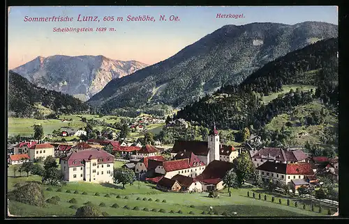AK Lunz, Gesamtansicht mit Scheiblingstein und Hetzkogel