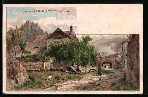 Lithographie Dürnstein /Donau, Gasse mit Tordurchgang