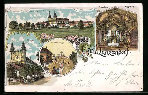 Lithographie Maria Lanzendorf, Ortsansicht, Kirche mit Prozession, Kalvarienberg