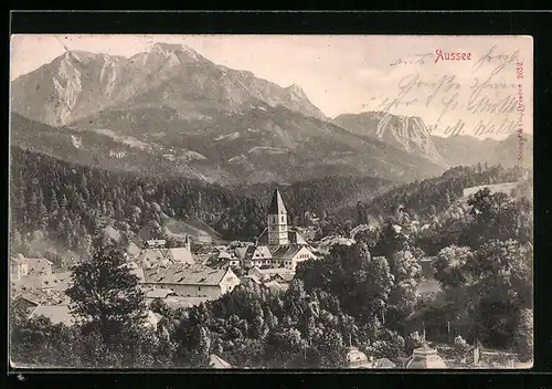 AK Aussee, Teilansicht mit Bergpanorama