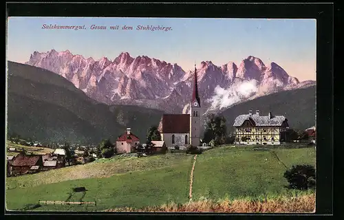 AK Gosau, Partie mit Kirche und Stuhlgebirge