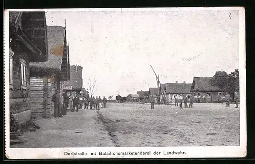 AK Brest-Litowsk, Rokitnosümpfe, Dorfstrasse mit Bataillonsmarketenderei der Landwehr