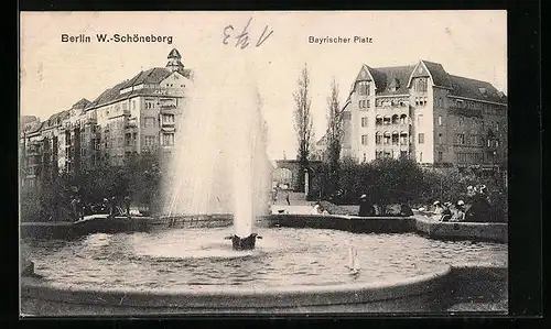 AK Berlin W.-Schöneberg, Bayrischer Platz mit Brunnen