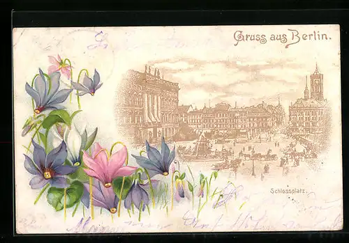 Lithographie Berlin, Schlossplatz mit Blumen