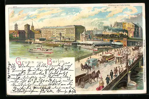 Lithographie Berlin, Strassenbahn auf Jannowitzbrücke