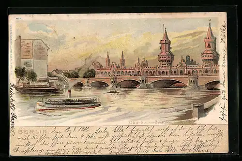 Lithographie Berlin-Friedrichshain, Ansicht von Oberbaum-Brücke