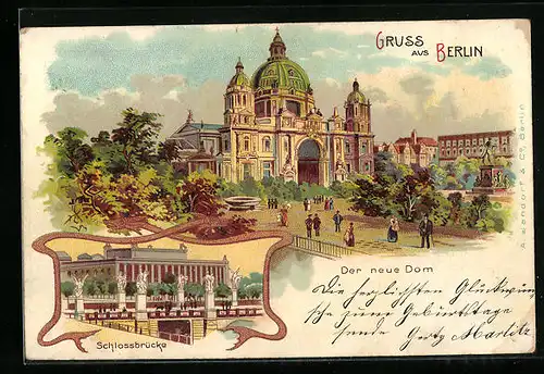 Lithographie Berlin, Schlossbrücke und der neue Dom