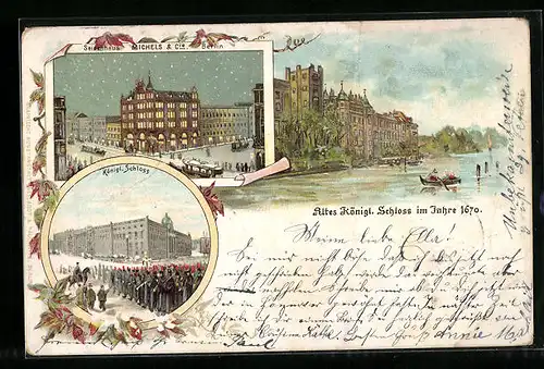 Lithographie Berlin, altes königl. Schloss, Seidenhaus Michels