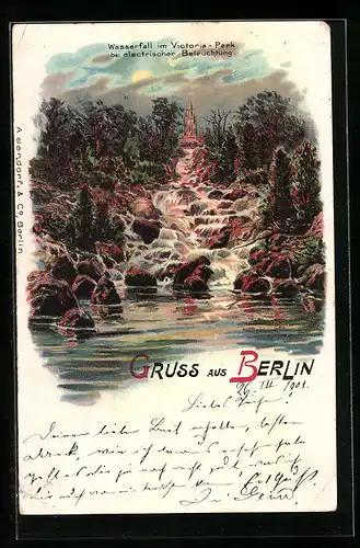 Lithographie Berlin-Kreuzberg, Wasserfall im Viktoriapark bei elektrischer Beleuchtung