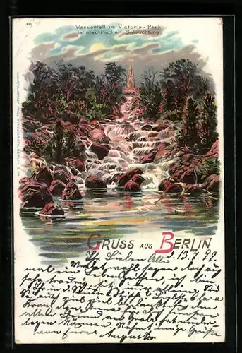 Lithographie Berlin-Kreuzberg, Wasserfall im Viktoriapark bei elektrischer Beleuchtung