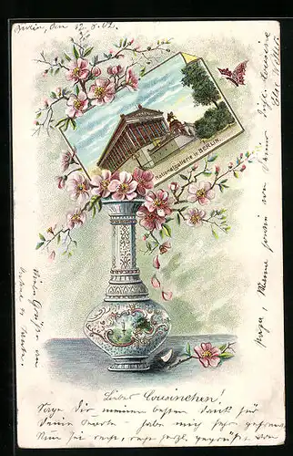 Lithographie Berlin, Nationalgalerie, Postkarte in Blumenvase