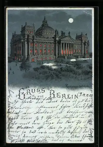 Mondschein-Lithographie Berlin-Tiergarten, Reichstags-Gebäude