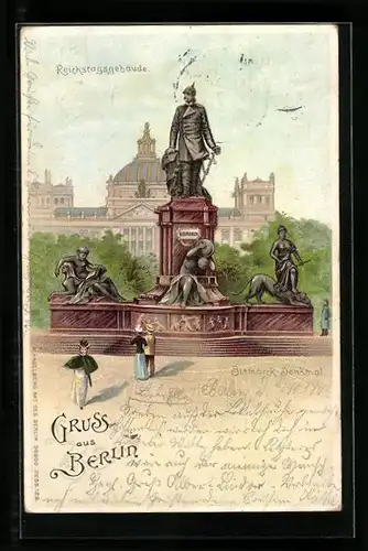 Lithographie Berlin, Bismarck-Denkmal vor Reichstags-Silhouette