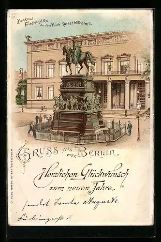 Lithographie Berlin, Denkmal Friedrich der Grosse vor dem Palais Kaiser Wilhem I.