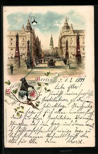 Lithographie Berlin, Partie an der Kaiser Wilhelm Brücke, Blick in die Kaiser Wilhelm-Strasse