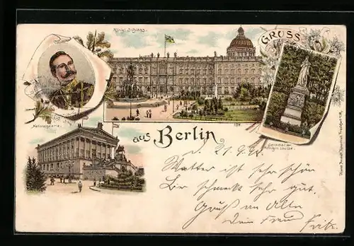 Lithographie Berlin, Königliches Schloss, Nationalgalerie, Denkmal der Königin Louise, Bildnis Kaiser Wilhelm II.