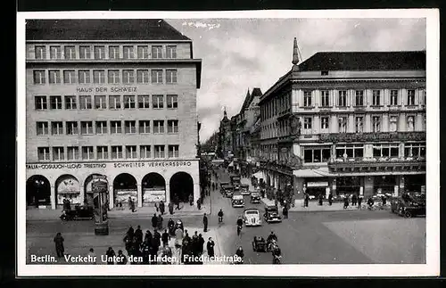 AK Berlin, Verkehr Ecke Unter den Linden und Friedrichstrasse