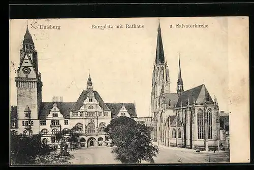 AK Duisburg, Burgplatz mit Rathaus und Salvatorkirche