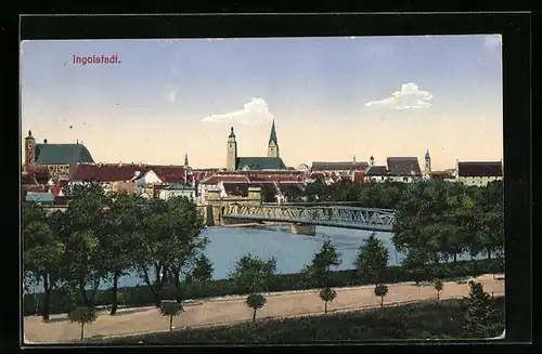 AK Ingolstadt, Blick auf Ortschaft mit Fluss
