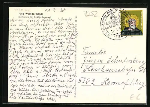 AK Weil der Stadt, Marktplatz mit Kepler-Denkmal