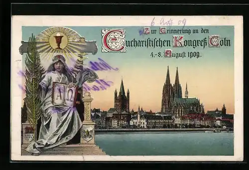 AK Köln, Eucharistischen Kongress 1909, Uferpartie mit Dom, Frau mit Palmwedel und Buch