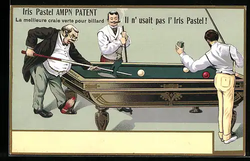 AK Herren spielen Billard, Reklame für Billardkreide Iris Pastel Ampn Patent