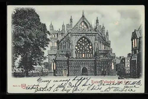 Mondschein-AK Exeter, Cathedral, West Front, Halt gegen das Licht