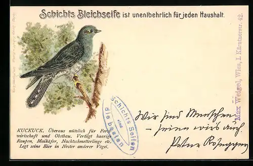 AK Vogel sitzt auf einem Zweig, Reklame für Schichts Bleichseife
