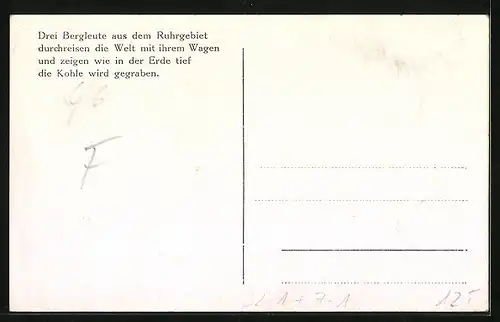 AK Drei Bergleute aus dem Ruhrgebiet durchreisen die Welt mit ihrem Wagen, Expedition