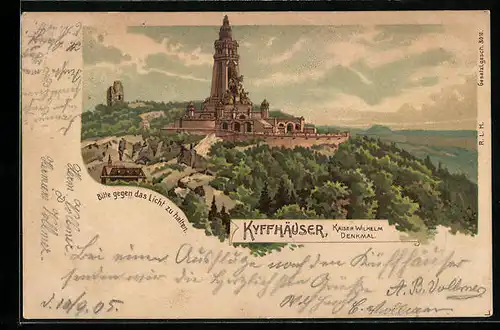 Lithographie Kyffhäuser, Kaiser Wilhelm-Denkmal, Halt gegen das Licht