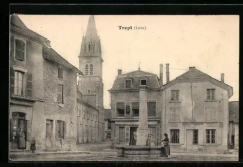 AK Trept, Strassenpartie mit Post und Brunnen