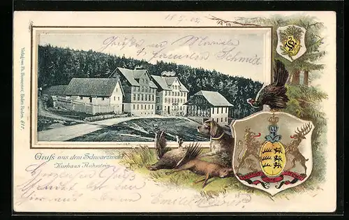 Passepartout-Lithographie Ruhestein, Blick auf das Kurhaus Ruhestein, Jagdhund, Wappen