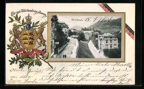 Passepartout-Lithographie Wildbad, Blick in den Ort, Wappen