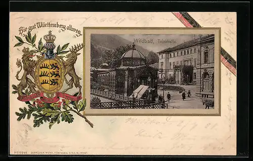 Passepartout-Lithographie Wildbad, Blick auf die Trinkhalle, Wappen