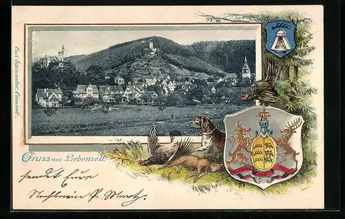 Passepartout-Lithographie Liebenzell, Blick auf den Ort mit Wappen