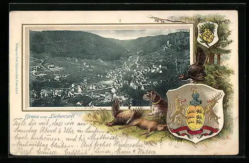 Passepartout-Lithographie Liebenzell, Wappen mit Blick auf die Stadt, Jagdhund