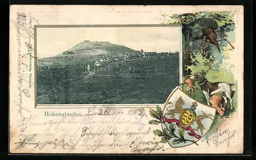 Passepartout-Lithographie Hohenstaufen, Blick nach dem Ort, Jagdhund mit Beute im Maul