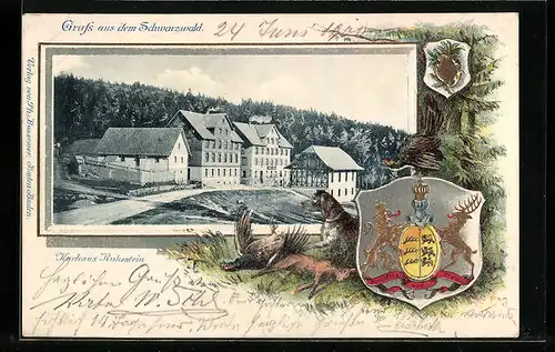 Passepartout-Lithographie Ruhestein, Partie am Kurhaus Ruhestein, Wappen mit Jagdhund