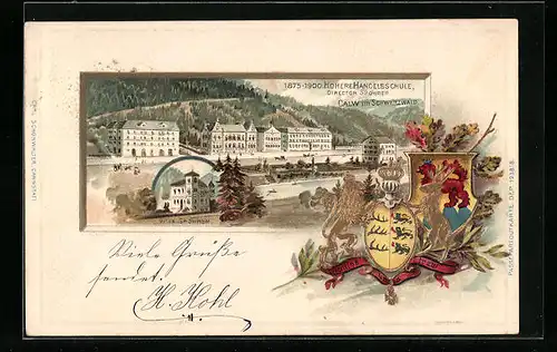 Passepartout-Lithographie Calw, Villa Spöhrer, höhere Handelsschule, Wappen