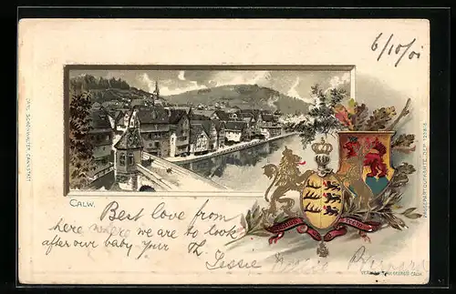 Passepartout-Lithographie Calw, Blick auf die Stadt mit Wappen