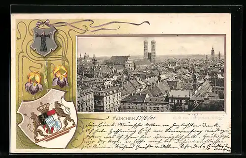 Passepartout-Lithographie München, Blick über die Stadt nach dem Dom Zu Unserer Lieben Frau