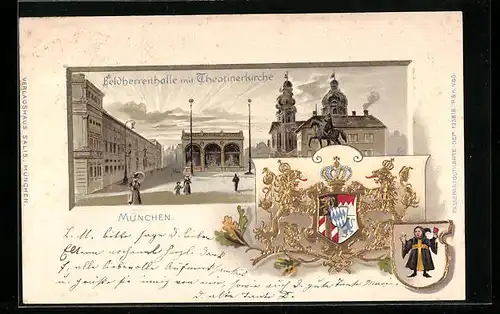 Passepartout-Lithographie München, Feldherrenhalle mit Theatinerkirche, königliches Wappen