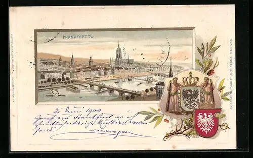 Passepartout-Lithographie Frankfurt / Main, Blick über die Mainbrücke nach der Stadt, Wappen