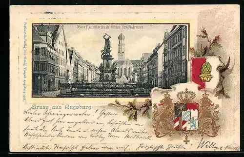 Passepartout-Lithographie Augsburg, Obere Maximilianstrasse mit dem Herkulesbrunnen, Wappen
