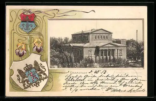 Passepartout-Lithographie Darmstadt, Blick auf das Grossherzogliche Hoftheater, Wappen