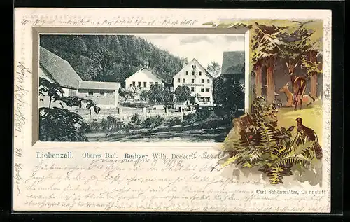 Passepartout-Lithographie Liebenzell, Blick auf das obere Bad, Rehe und Auerhuhn im Wald