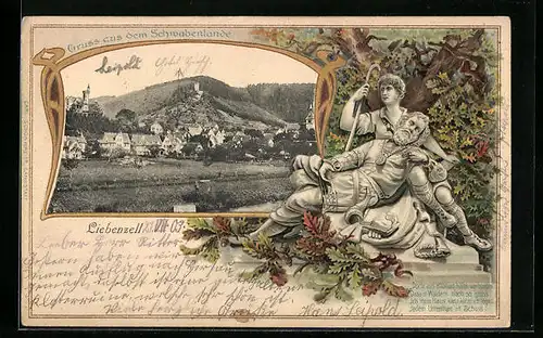 Passepartout-Lithographie Liebenzell, Blick nach dem Ort